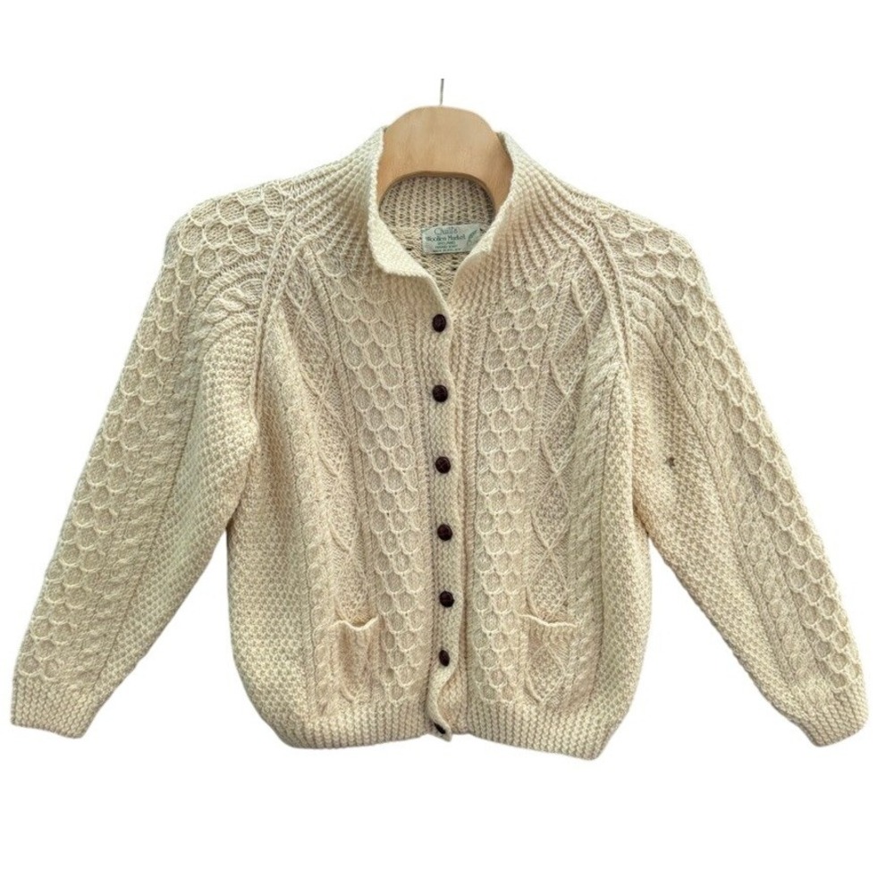 Quills Woollen Market Ireland Hand Knit Wool Aran Cardigan Sweater Cream Mens XL